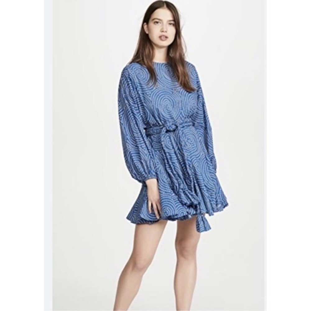 RHODE Ella Mini Dress Blue Blue Trail Print Long Sleeve Small $435 *No Belt*